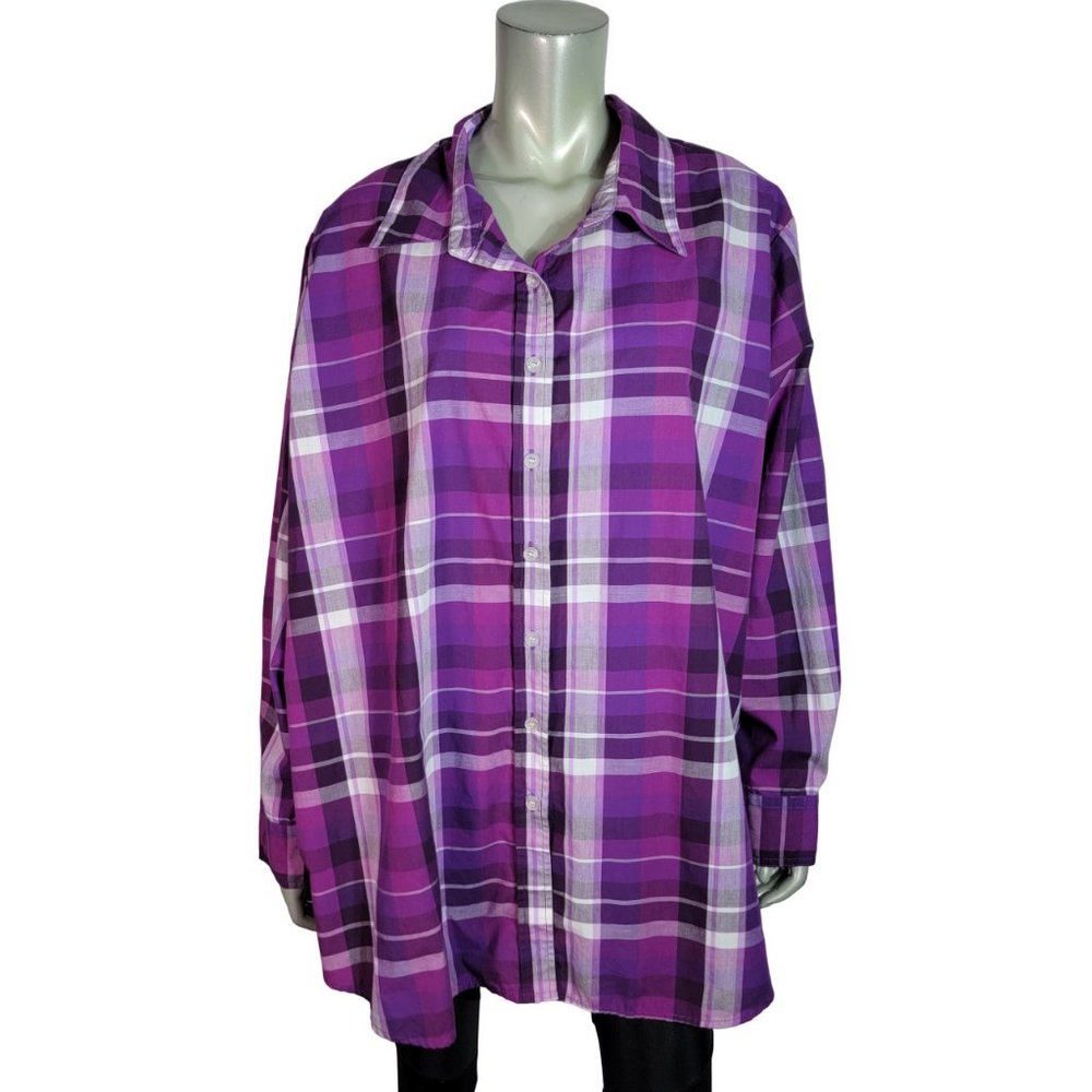 Woman Within Top Plus Size 2X Plaid Collared Button Down Long Sleeve‎ Purple